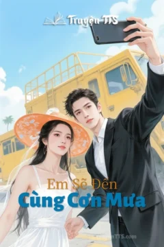 Bìa sách "Em Sẽ Đến Cùng Cơn Mưa" với hình ảnh lãng mạn dưới trời mưa.