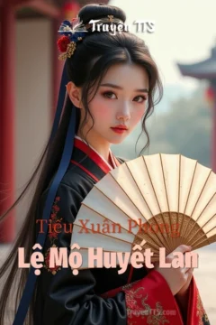 Bìa truyện Lệ Mộ Huyết Lan với hình ảnh hoa đào nở trong gió xuân.